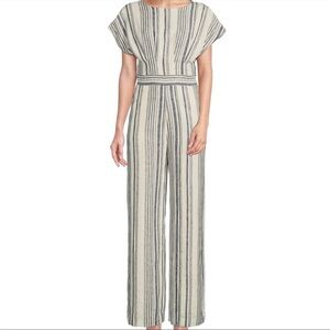 Gibson Latimer Navy/White Stripe Linen Blend Jumpsuit with Pockets